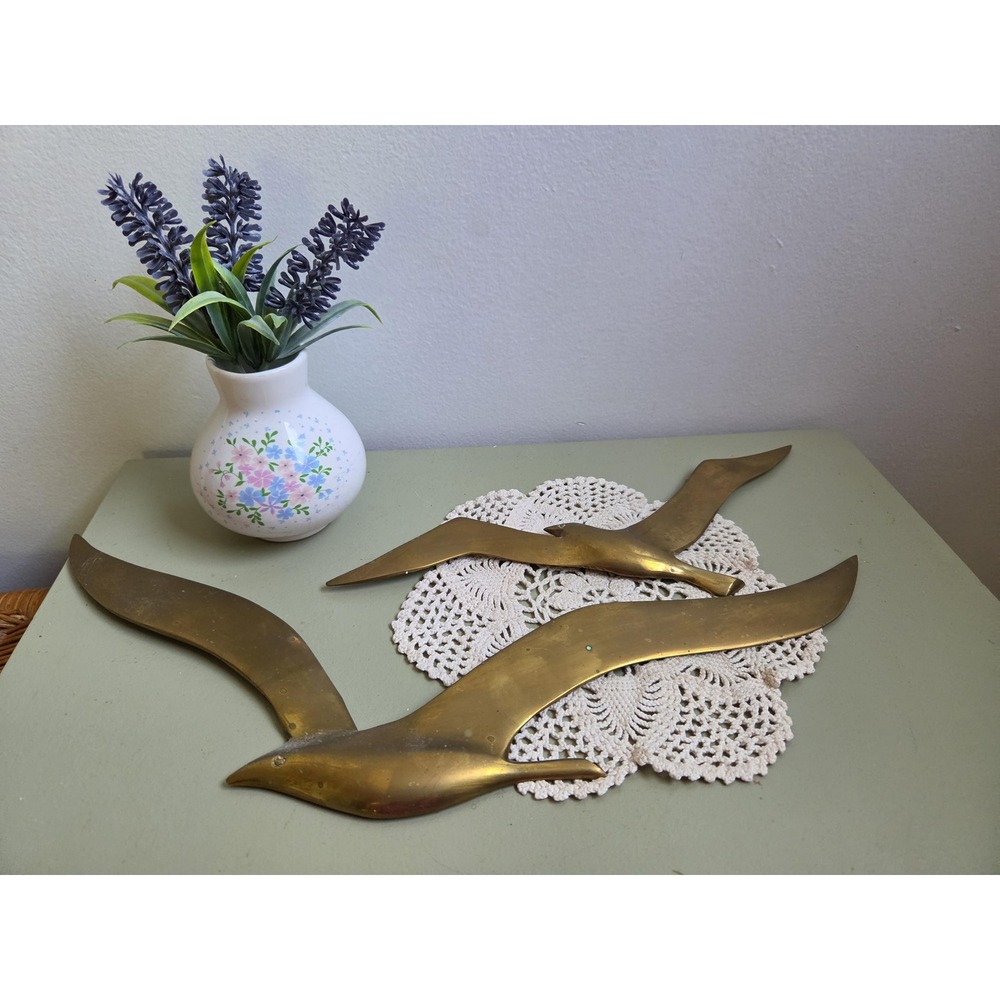Vintage Korean Brass Seagulls Pair MCM Flying Bird Wall Decor